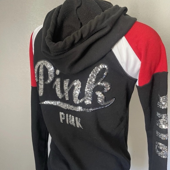 Victoria's Secret PINK Size Medium Sequins Bling Zip Up Hoodie Black&red Limited - Picture 3 of 5